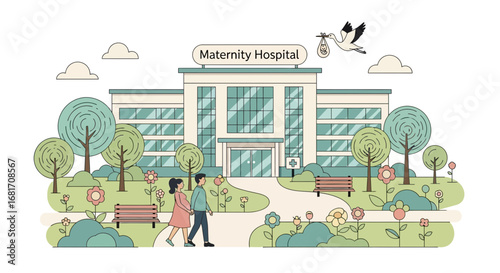 Expecting couple approaching maternity hospital with stork delivering baby