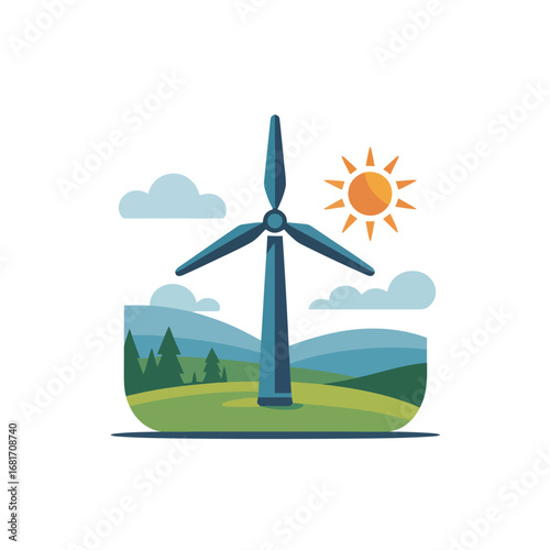 Wind Turbine Generates Power in a Green Energy Landscape Under the Warm Sun