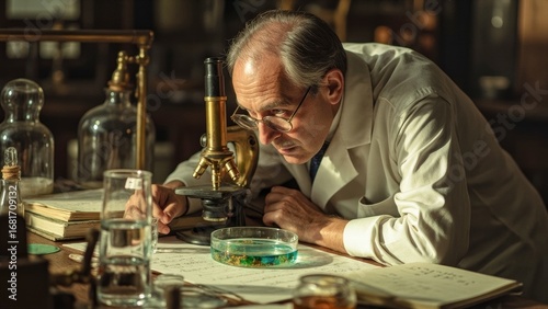 Historic Discovery: Focused Scientist Examining Mold, Evoking Penicillin's Genesis.
A meticulously crafted, cinematic photograph capturing a pivotal moment of scientific inquiry, reminiscent of Alexan