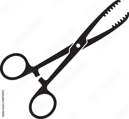 Black silhouette of an open surgical hemostat clamp with serrated jaws and locking finger rings.