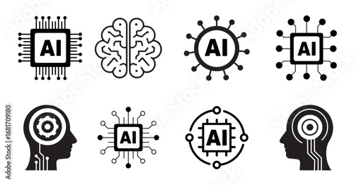 AI Artificial Intelligence Icon Set – Technology Chip, Brain, Machine Learning, Artificial intelligence AI icon set. 