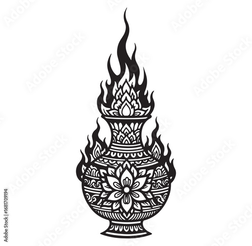 Intricate thai floral patterned vase enveloped in flames black and white vector illustration