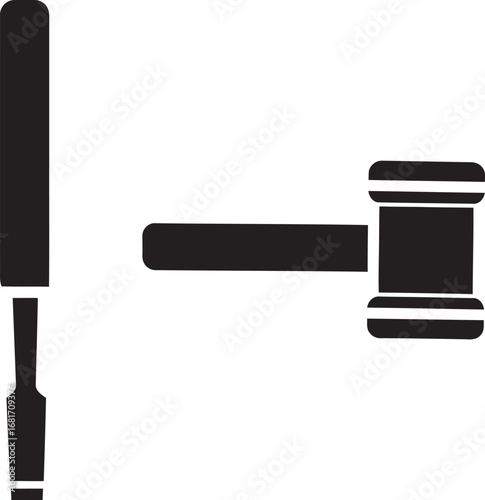 Minimalist black silhouette icon of a judges gavel and a wood chisel, representing law and craftsmanship.