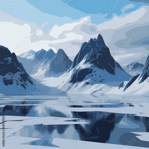 Geometric Abstract Winter Mountains with Ice and Reflective Lake Under Cloudy Sky