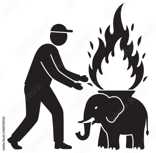 Person approaching elephant with a burning pot silhouette illustration concept design
