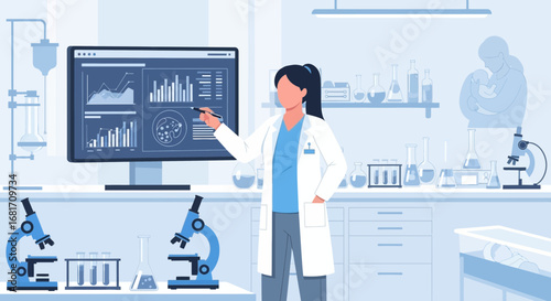 Female scientist analyzing lab data on monitor in modern laboratory setting
