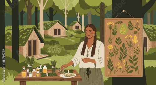 Herbalist preparing natural remedies in a serene forest cabin setting