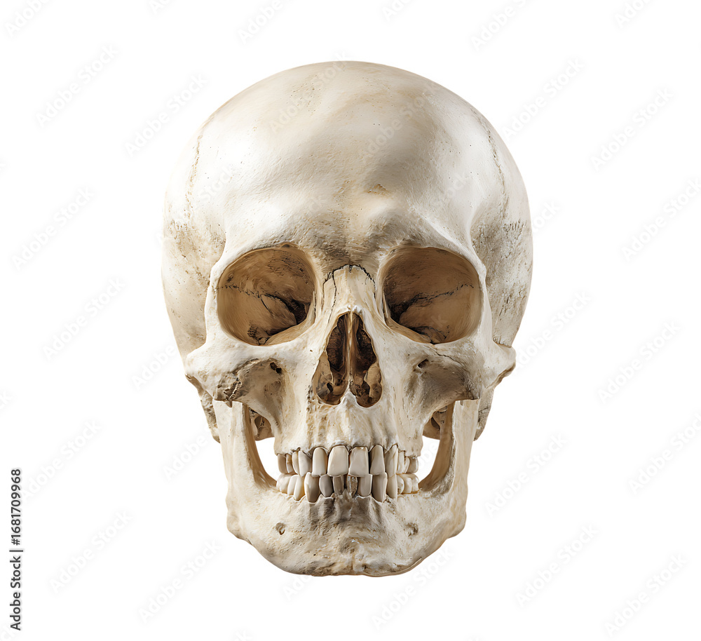 Obraz premium Realistic human skull front view isolated on pure for medical and artistic projects