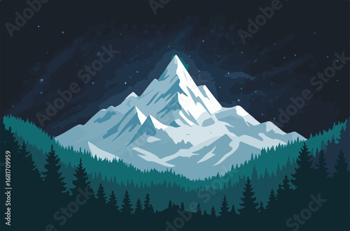 Flat Vector Snow-Capped Mountain Peak with Pine Forest and Starry Night Sky