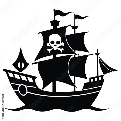 Black silhouette of a pirate ship with Jolly Roger flag and unique sail design sailing ocean