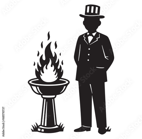 Silhouette of a gentleman standing next to a burning brazier in black and white