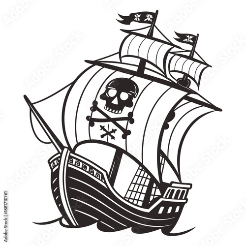 Black silhouette of a pirate ship with skull and crossbones flag Jolly Roger sailing ship