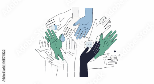 Global Handwashing Day awareness concept with diverse hands, water droplets, and plant elements for hygiene and public health