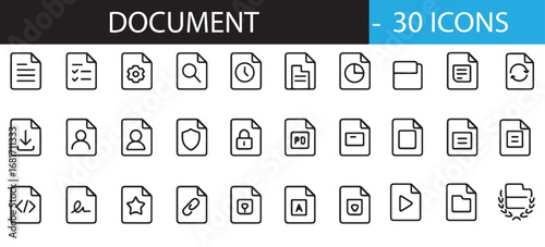Document Icon Set – 40 Thin Line Vector Icons for Files, Charts, Security, Uploads, Downloads, Search, and Settings – Minimalist Design for UI, Office Tools, and Digital Productivity Platforms