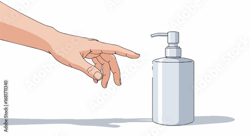 Vector illustration of hand reaching for soap dispenser, emphasizing hygiene, cleanliness, health, and disease prevention.