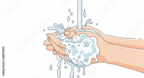 Handwashing with soap and water illustration, promoting hygiene, health, and germ prevention for Global Handwashing Day.