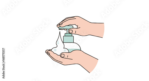 Hands dispensing soap foam from a pump bottle for handwashing hygiene, promoting health, cleanliness, and disease prevention efforts