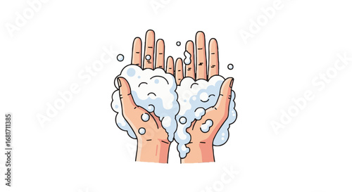 Illustration of hands washing with soap bubbles, promoting hygiene and health. Perfect for Global Handwashing Day campaigns and germ prevention.