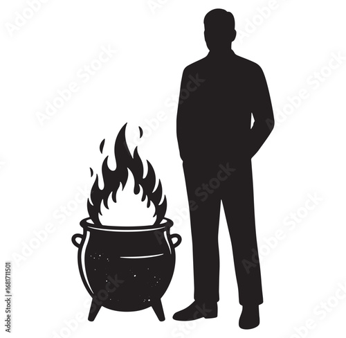 Silhouette of a man standing beside a burning cauldron concept for halloween or witchcraft