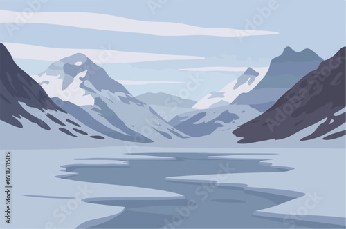 Flat Vector Winter Mountain Landscape with Snow-Covered Peaks and Frozen Lake