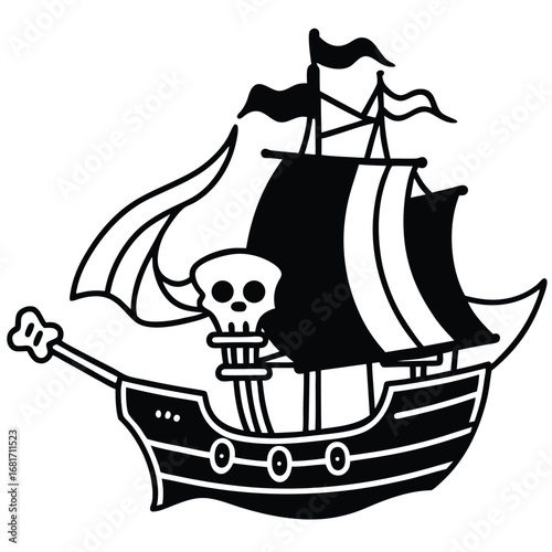 Black silhouette of a pirate ship with skull motif on the stern white background