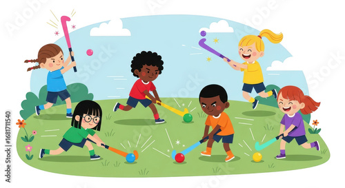 Diverse group of children enjoying outdoor summer sports and games together playing ball