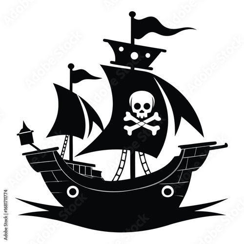 Black silhouette pirate ship with Jolly Roger flag and cannons on white background skull and crossbones