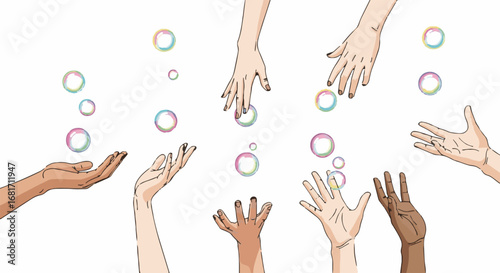 Global Handwashing Day concept: Diverse hands reaching for colorful soap bubbles, symbolizing hygiene, health, and community awareness.
