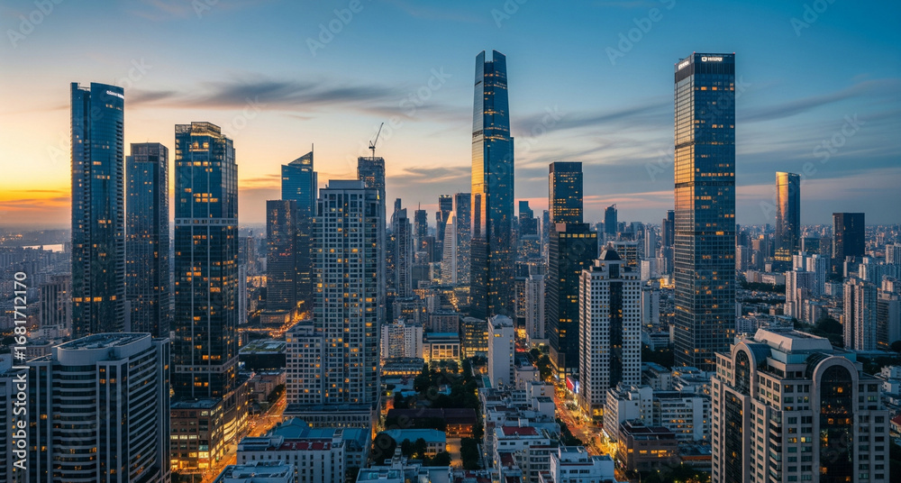 Obraz premium Stunning Cityscape at Sunrise A Panoramic View of Modern Urban Architecture