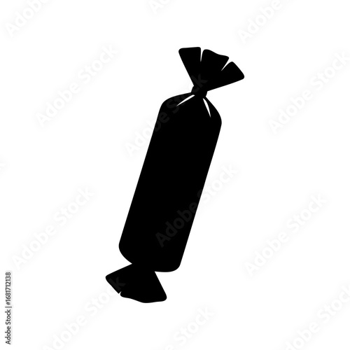 A simple black silhouette of a wrapped candy treat on a white background