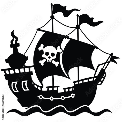 Black silhouette pirate ship with Jolly Roger flag on white background vector illustration