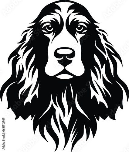 English Cocker Spaniel head silhouette with long ears, expressive eyes, and flowing fur in black