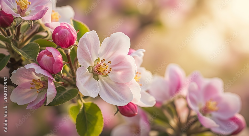 Obraz premium Delicate apple blossoms in pastel shades create a spring season fantasy and beauty
