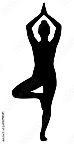 Realistic Female Tree Pose Silhouette, Woman Vrikshasana Black Vector, Female Yoga Standing Clipart