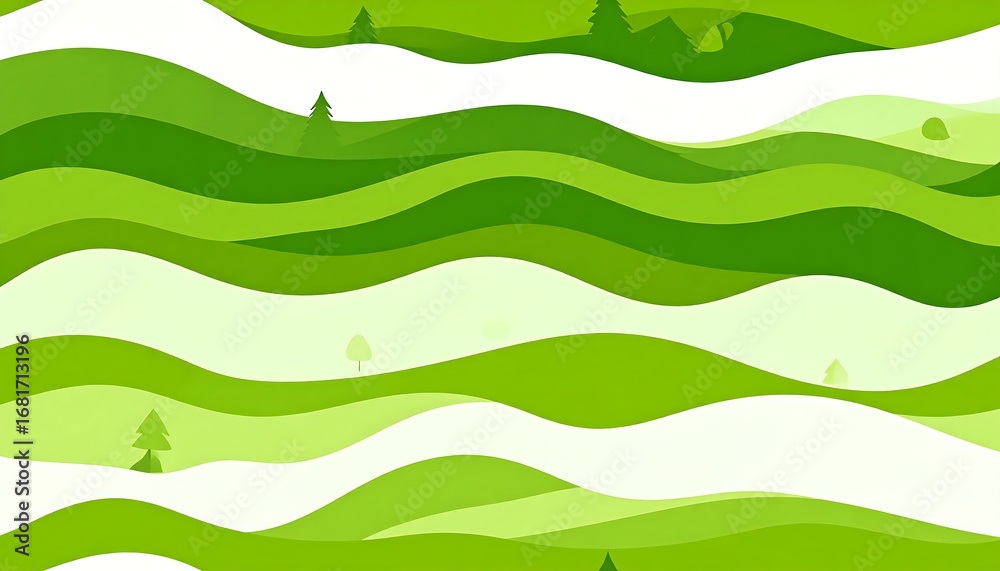 Obraz premium A vibrant graphic illustration of rolling hills, rendered in shades of green and white, with stylized evergreen trees placed strategically across the landscape.