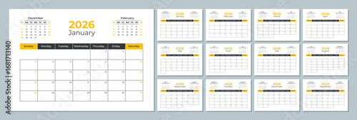 2026 calendar template. Corporate and business planner diary. The week starts on Sunday. Set of 12 months of pages.