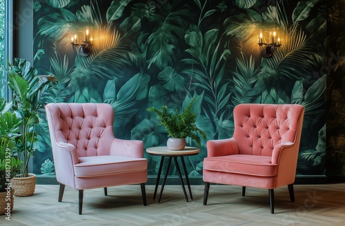 Cozy Pink Chairs With Green Leaf Wallpaper and a Small Table in a Modern Inte...