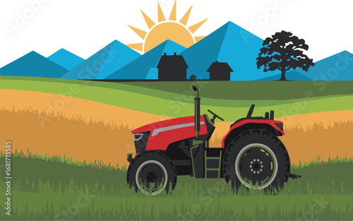 Geometric Abstract Farm Landscape with Tractor, Fields, and Sunny Sky