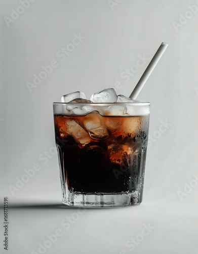 Refreshing Drink Served in a Clear Glass With Ice and a Straw on a Light Back...