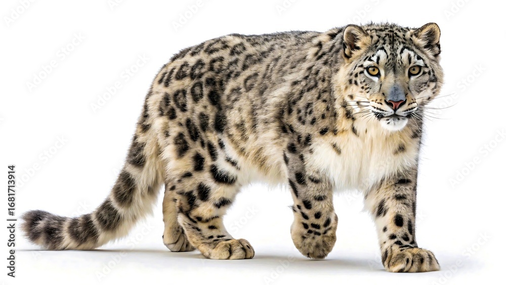 Obraz premium Snow leopard walking isolated on white background with spotted fur 