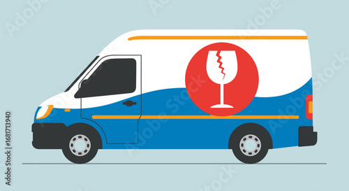 Blue and white delivery van with a fragile glass symbol on a blue background