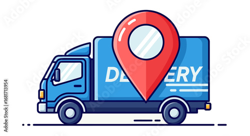 Blue delivery truck with a red location pin on its side, isolated on white background