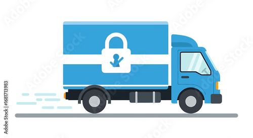 Secure delivery truck with a padlock symbol, isolated on white background