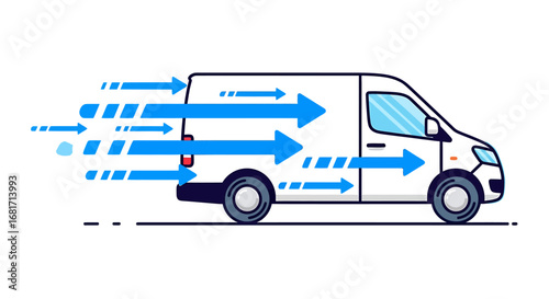 White delivery van with blue arrows indicating fast movement and delivery