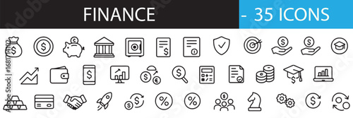 Finance Icon Set – 30 Thin Line Vector Icons for Banking, Investment, Budgeting, Strategy, Currency, and Financial Planning – Minimalist Design for UI, Business, and Economic Applications