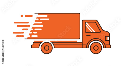 Orange delivery truck in motion with speed lines, isolated on white background