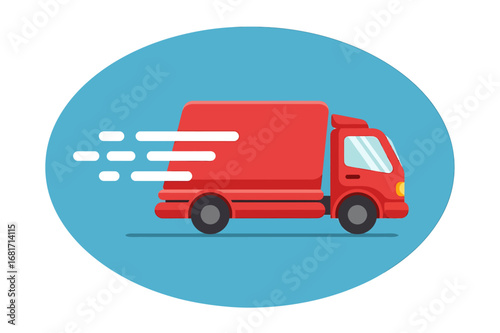 Red delivery truck in motion on a blue background