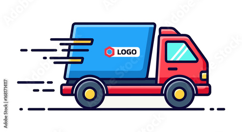 Red delivery truck with a logo, moving quickly with motion lines