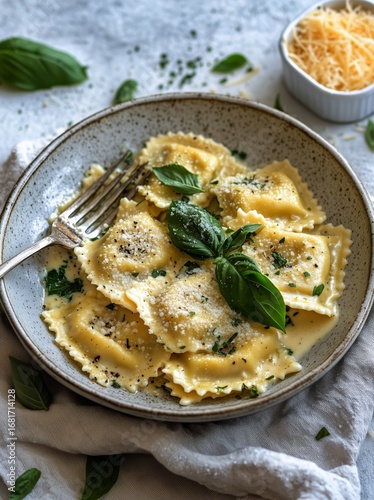 Homemade Ravioli Served With Fresh Basil and Cheese in a Rustic Setting