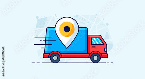 Red delivery truck with location pin isolated on white background